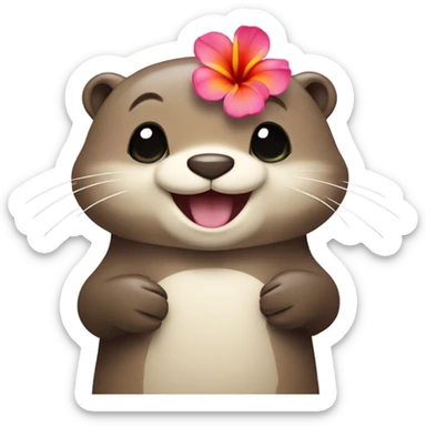 A happy and cute otter face with a Hawaiian flower tucked behind its ear, holding a heart. sticker