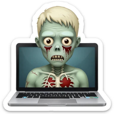 A tired sad zombie behind a laptop sticker