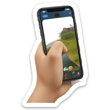 A hand holding a cell phone to take a photo of a landscape sticker