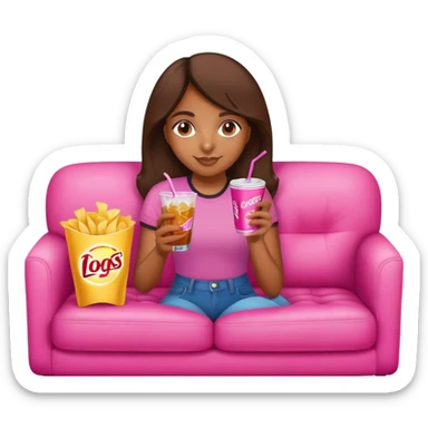 home brown girl with chips and soda drink at the pink sofa sticker