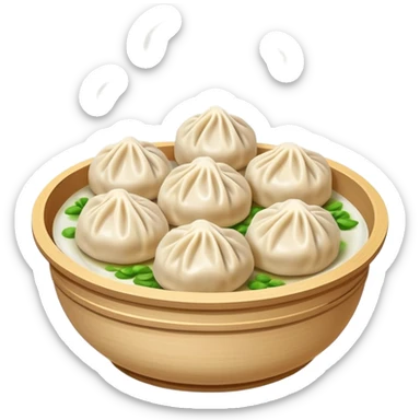 Hangzhou Xiaolongbao steamed soup dumplings with steam rising, simplified emoji style with bold outlines and bright colors, cartoon style Zhejiang specialty sticker