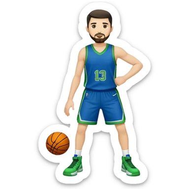 Full Body  white male basketball player with short dark hair and gold tee beard wearing blue and green uniform sticker