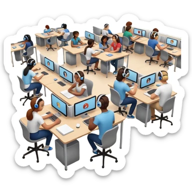 Birdseye view of large study space with students working separately add students wearing Vision Pro headsets sticker