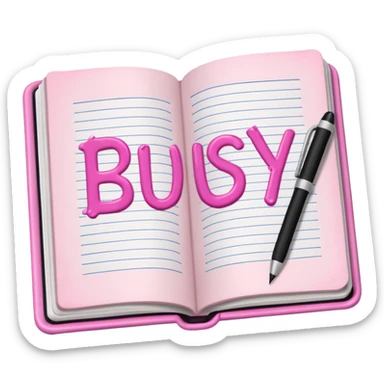 open pink book and note pen add on it the word BUSY sticker