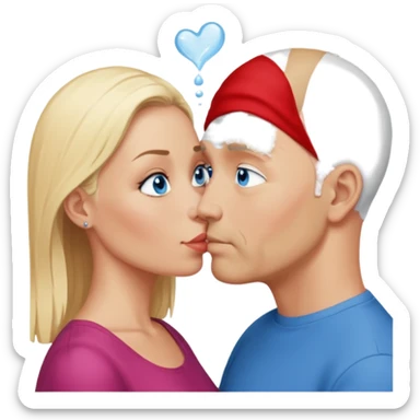 middle age bald man with salt and blonde scruff, blue eyes and blonde woman with blue eyes kissing each other sticker