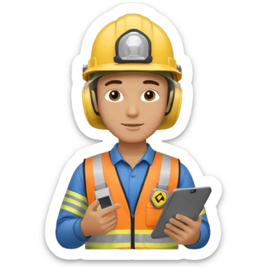 a guy wearing safety outfit with helmet holding a safety first tablet sticker