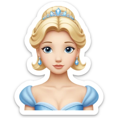 Cinematic Elegant Cinderella Portrait Emoji, rendered in a beautifully detailed, vector-style with minimal shading and bold, simplified shapes. Depict Cinderella in her classic ball gown (chest and above) with fair, porcelain skin and elegantly styled blonde hair, her eyes soft and kind, and her expression serene and graceful. The design glows with a gentle, enchanting radiance and high shine, capturing the timeless beauty of a fairy tale princess. sticker