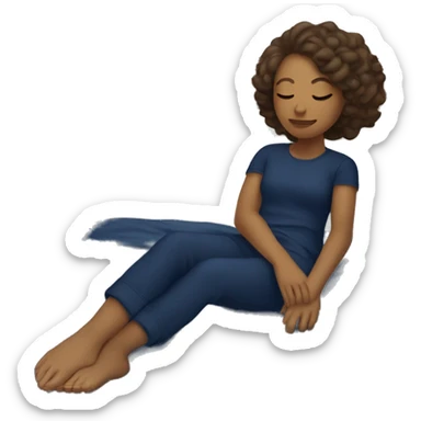 Light brown girl with white skin lying down sleeping on a white bed in navy blue pajamas sticker