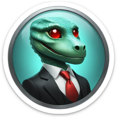 Aquamarine reptilian in classic black suite with red laser eyes on the platinum coin sticker