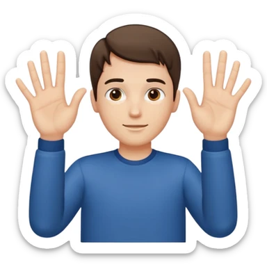 A guy with his palms facing up one hand higher one lower with 6 one left hand 7 on the right hand sticker