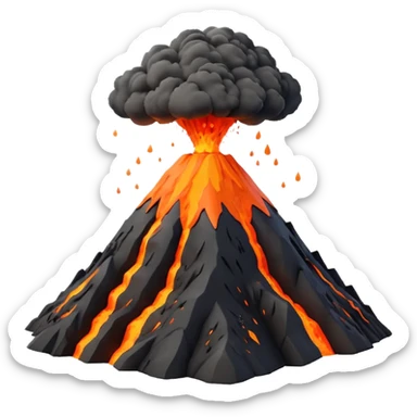 3D render of Volcano, miniature weather phenomenon, volumetric particle effects, mountain with orange lava and black ash smoke, elemental energy, emoji style, isolated on white background --v 6.0. sticker