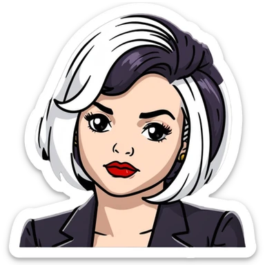 Moira Rose from Schitt's Creek saying "bébé" with dramatic facial expression, bold red lips, and black and white wig sticker