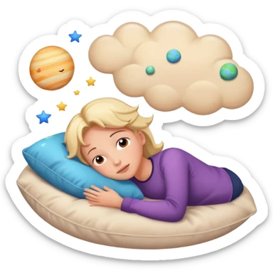 a person lying down with a pillow, dreamy expression, thought bubble with stars and planets sticker