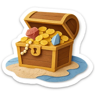 illustration of a treasure chest overflowing with gold coins and jewels on a sandy beach, paper-craft style sticker