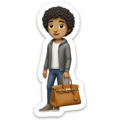 Handsome skinny latino with short curly hairs wearing a grey hermes Birkin bag sticker