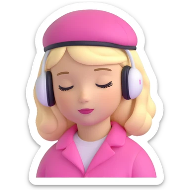 blonde American girl wearing a pink beret and AirPods Max headphones, listening to music with closed eyes sticker