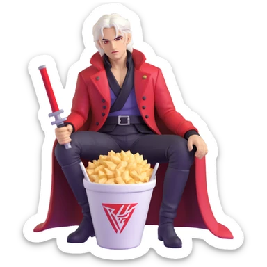 Dante from Devil May Cry sitting in a KFC bucket, red coat, white hair, rebellion sword sticker