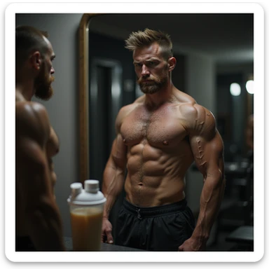 realistic bodybuilder man in cutting phase, standing in front of mirror, smaller and deflated muscles, visible but less full veins, doubtful look, gym background with dim light, protein shaker on bench sticker