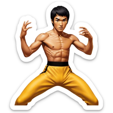 Cinematic Realistic Bruce Lee Portrait Emoji, depicted as a dynamic martial arts icon with an intense gaze and athletic physique caught in a fluid motion, rendered with vivid textures and energetic lighting that embodies his legendary prowess. sticker