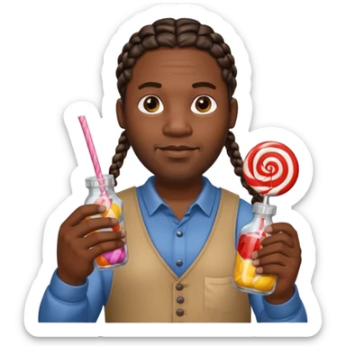 Big black man with braids hold a bottle and a lollipop sticker
