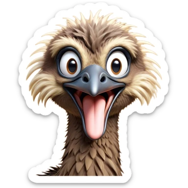 Cinematic Cute Yawning Emu Portrait Emoji, Head tilted slightly with a dramatic, wide-open yawn, showcasing a soft, downy brown plumage with gently drooping feathers and eyes barely open in drowsy contentment, Simplified yet irresistibly adorable features, highly detailed, glowing with a soft, cozy glow, high shine, relaxed yet expressive, stylized with a touch of outback charm, bright and endearing, soft glowing outline, capturing the essence of a sleepy yet affectionate emu, so drowsy it feels like it could stretch out of the screen and curl up for a nap! sticker