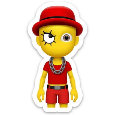 Make a yellow character with a black spider eye and a normal eye and a red top and shorts and a grey spider chain and a red hat sticker