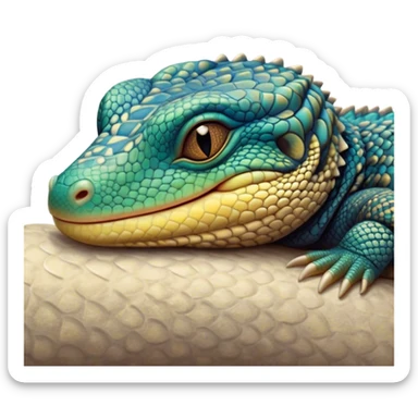 Meme-Worthy cute Sleeping Monitor Lizard Portrait Emoji, Head resting peacefully with a contented smile, showcasing intricately patterned scales and eyes gently closed in serene slumber, Simplified yet comically adorable features, highly detailed, glowing with a soft, drowsy earthy light, high shine, relaxed and utterly lovable, stylized with an air of playful laziness, bright and heartwarming, soft glowing outline, capturing the essence of a sleeping reptilian guardian that feels destined to become the next viral icon of adorable rest! sticker