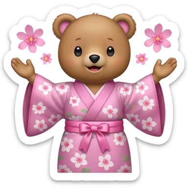 A cute light-brown bear wearing a pastel pink sakura-patterned kimono with a small ribbon on the back, normal balanced head and body ratio, joyful excited expression with sparkling round eyes and a wide happy smile, arms raised in excitement, a few pink sakura petals floating around sticker