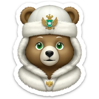 Cute stylized bear with green eyes, white fur hat with basic Russian coat of arms featuring double-headed eagle, minimalist iOS emoji style sticker