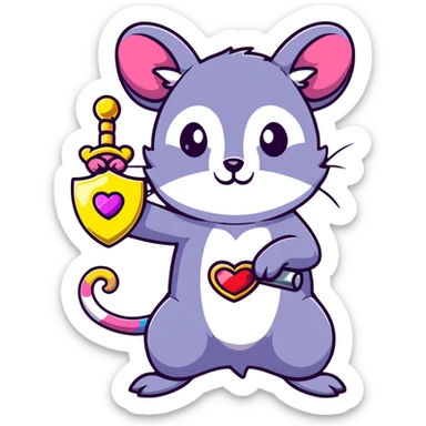 A rainbow-colored possum in heroic pose holding a jewel-encrusted sword, with glitter, hearts, and neon colors sticker