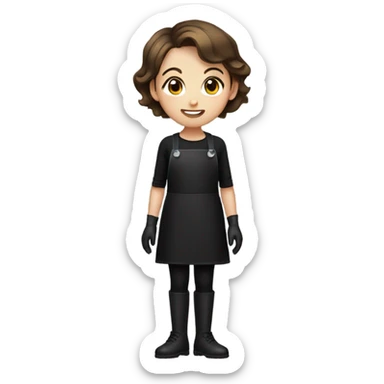 girl with short brown hair in black clothes in black gloves and apron sticker