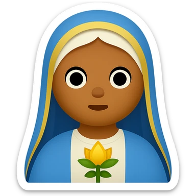 Edit the image of Virgin Mary to have olive tanned skin with simplified emoji traits, a round face, minimal details, large eyes, and a small mouth. Remove the background. The style should resemble a simplified emoji look with minimal details and a clean appearance. sticker