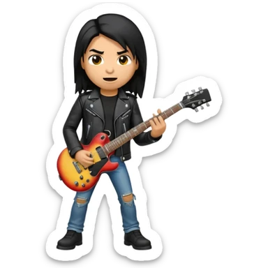 3D Apple-style emoji of a metal musician. Long hair, black leather jacket, ripped jeans, holding an electric guitar. Intense expression, glossy, rounded, smooth, soft shadows, white background.









 sticker