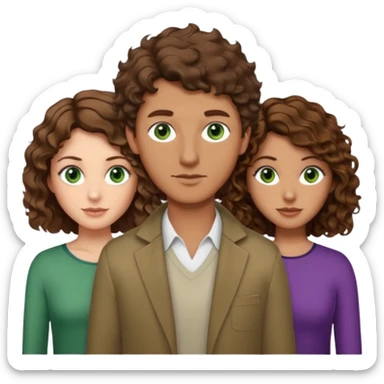 Man in the middle with brown hair and green eyes, women next to him with short brown hair with slight waves, taller women on right side with shoulder length curly hair and brown eyes sticker