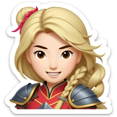 Cinematic Playful Mulan Portrait Emoji, Mid-laugh with a strand of hair falling over her face, adjusting her armor, eyes full of adventure, exuding an irresistible mix of beauty and fun, the perfect blend of warrior and princess! sticker