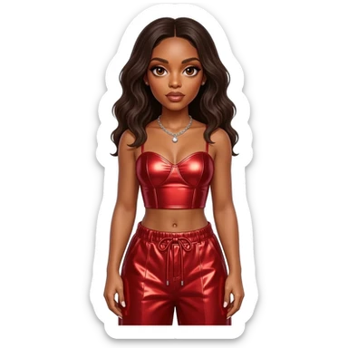 Kelly Rowland with brown eyes, dark brown hair, red metallic sweetheart crop top, red metallic baggy pants, silver necklace sticker
