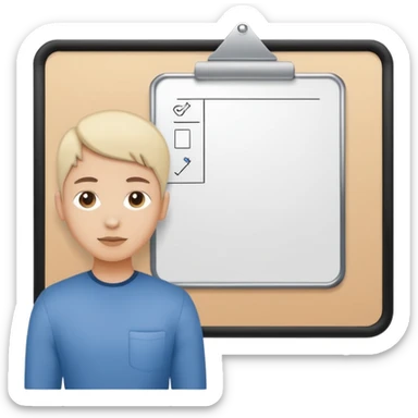 Minimalistic flat vector icon, iOS style, thin black contour on white background. Person silhouette with a project board (kanban/task board) behind. No text, no shadows.
 sticker