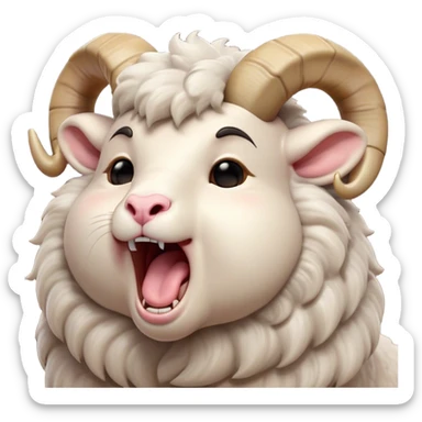 Cinematic Cute Yawning Ram Portrait Emoji, Head tilted slightly with a dramatic, wide-open yawn, showcasing a soft, woolly grey fur with gently drooping horns and ears, round dark eyes barely open in drowsy contentment, Simplified yet irresistibly adorable features, highly detailed, glowing with a soft, cozy glow, high shine, relaxed yet expressive, stylized with a touch of rugged whimsy, bright and endearing, soft glowing outline, capturing the essence of a sleepy yet affectionate ram, so drowsy it feels like it could stretch out of the screen and curl up for a nap! sticker