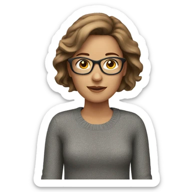White woman, brown hair, gray sweater, glasses sticker