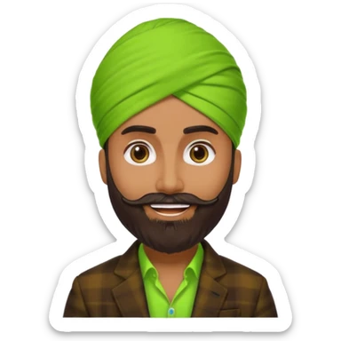 a pretty bratz emoji that looks like a bearded Akshay kumar wearing a neon green turban. Wearing a dark brown flannel blazer with black tshirt underneath.
he should resemble akshay kumar. smiling big sticker