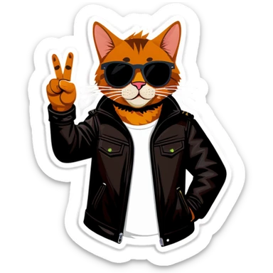 Cool brown cat in sunglasses wearing leather jacket making peace sign  sticker