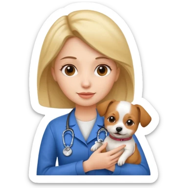a woman vet holding a small dog sticker