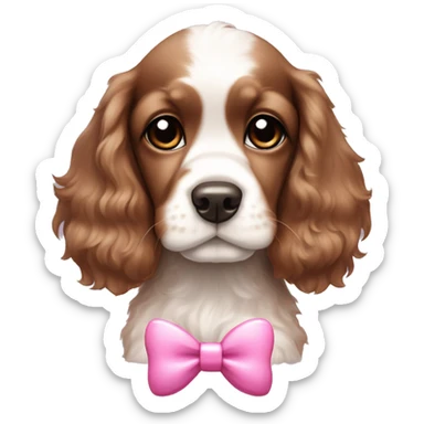 Brown and white cocker spaniel puppy with pink bow sticker