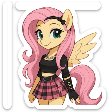 Fluttershy in a Blackpink-inspired style, standing and smiling, with pink and black accents, transparent background sticker