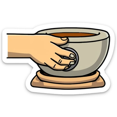 thumb pressing side of clay onto a silver pottery wheel, thumb at the bottom of the clay, pottery gesture sticker