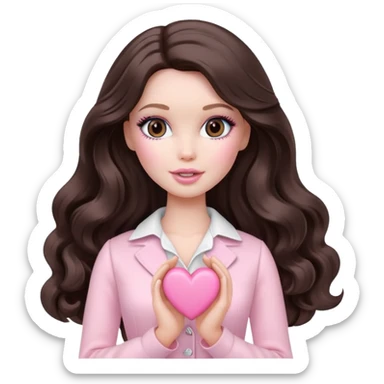 A white Barbie girl with makeup and long dark brown wavy hair in pale pink clothes holds pale pink heart sticker