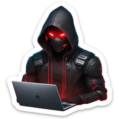 developer behind his laptop with this style : crysis Cyberpunk Riot Games Valorant neon glowing bright red character red dark black hooded assassin themed character sticker