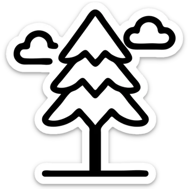 simple single evergreen tree with clouds in Scandinavian folk art style, dark neutral forest color tones, illustrated outlines, suitable for favicon sticker