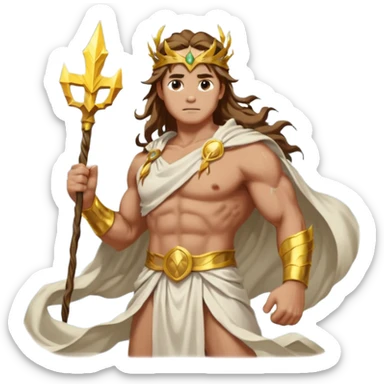 portrait of a thunder god with muscular build, white flowing toga, golden laurel crown, holding a glowing lightning bolt, long wavy hair, standing on stormy clouds, confident stance, front-facing sticker