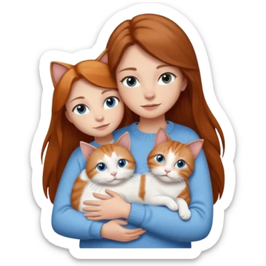 a girl with long brown hair, with blue eyes, in a
white sweater, hugs 3 cats a brown tabby and white, a ginger and white and a grey and white sticker